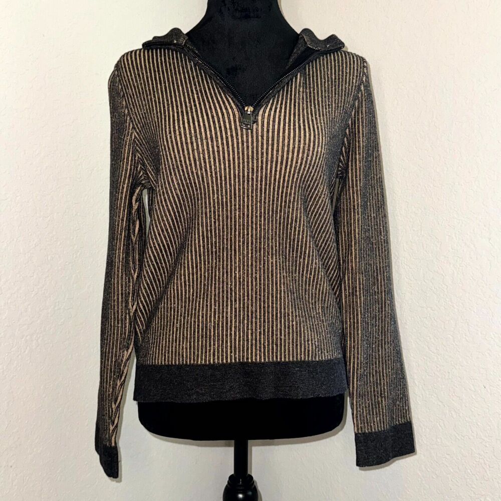 DKNY Sweater Women's Large Beige Black Striped Tight Knit‎ Mock Neck Quarter Zip